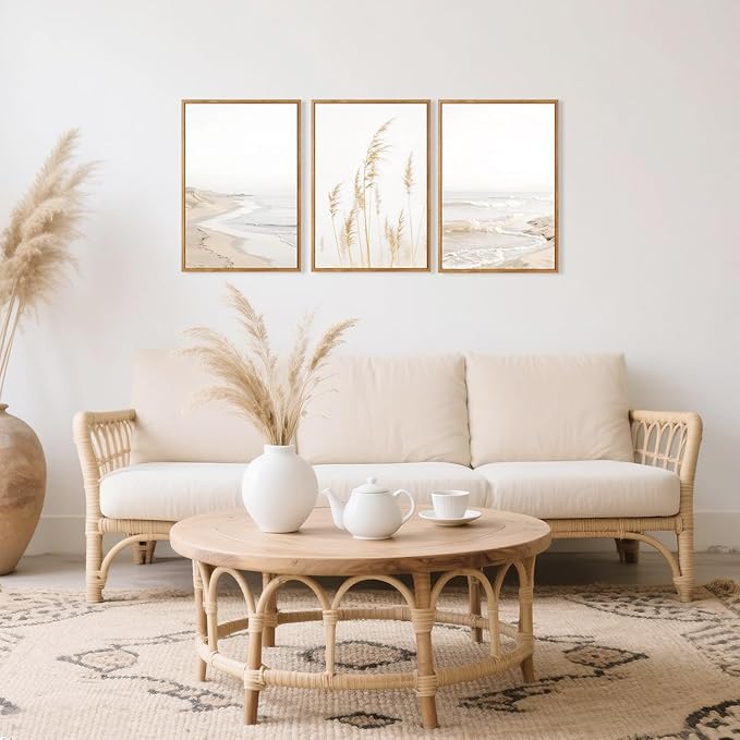HPNIUB Modern Beach Artwork Seascape Wall Art, Seaside Framed Painting Reed Pathway Picture, Minimalist Neutral Coastal Landscape Wall Decor for Living Room,Bathroom -24'' x36'' x3-Ruum Studio Home