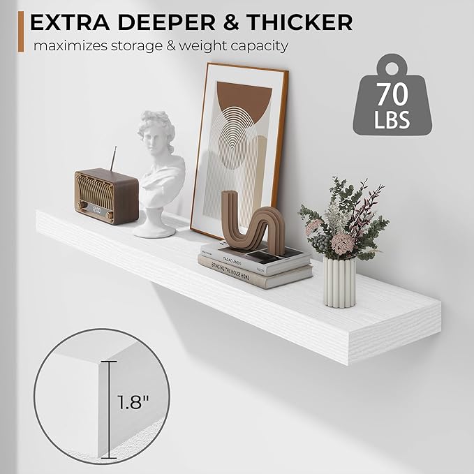 Fun Memories 36 Inch Floating Shelves - Deep Rustic White Wooden Wall Shelves - Extra Deeper & Thicker Wall Mounted Storage Shelf for Bedroom, Kitchen, Farmhouse - 2 Pack, Rustic White-Ruum Studio Home