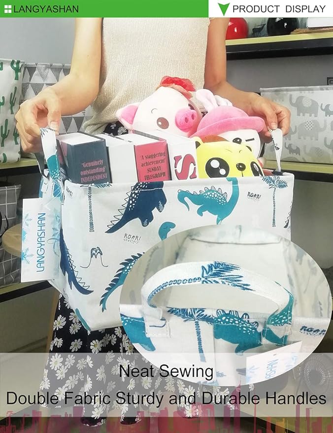 LANGYASHAN Rectangular Storage Bin Collapse Canvas Fabric Cartoon Storage Basket with Handles for Organizing Home Kitchen Boys and Girls Toys Office Closet Shelf Baskets (Rec green dinosaur)-Ruum Studio Home