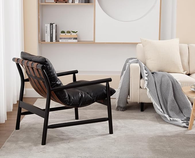 Kmax Modern Sling Accent Chairs Set of 2 Upholstered PU Leather Living Room Chairs Solid Wood Frame Arm Chairs Comfy Lounge Chairsfor Bedroom, Reading Room, Black-Ruum Studio Home