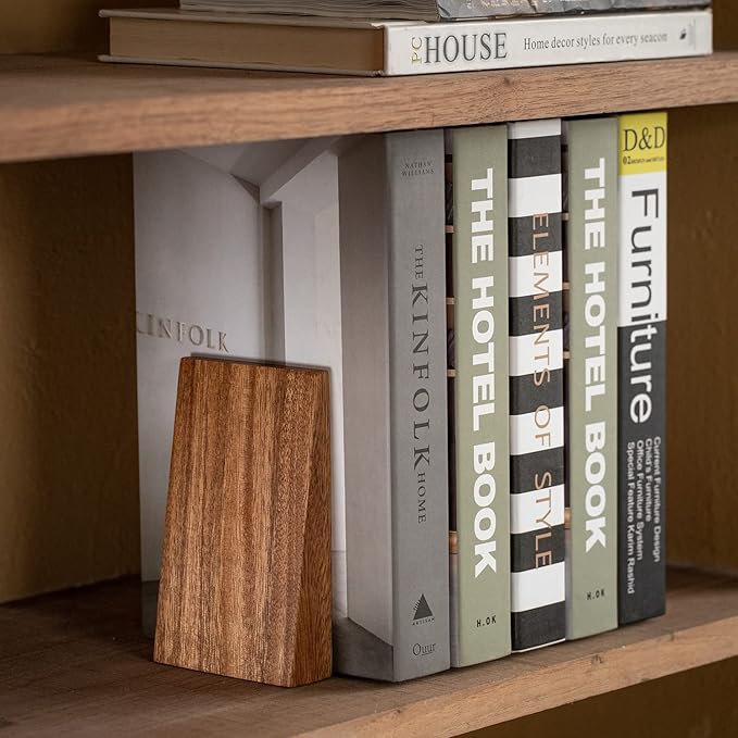 Muso Wood Book Ends, Thickened Wooden Bookends for Heavy Books, Creative Decorative Bookends for Shelves, Non-Skid Book Ends, Handmade Acacia Wood Bookends-Ruum Studio Home