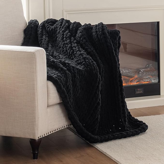 Chunky Knit Blanket Throw, 100% Hand Knit Throw Blanket Handmade Chenille Cable Knit Throw for Couch, Stylish Cozy Soft Rope Knot Crochet Blanket for Home Decor, Black, 50x60 Inches-Ruum Studio Home