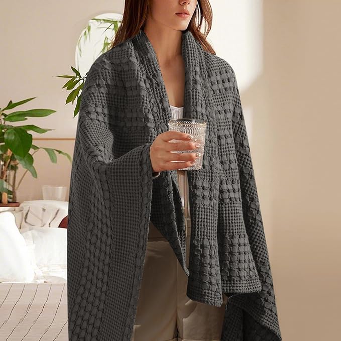 PHF 100% Cotton Waffle Weave Throw Blanket, Soft Lightweight Breathable Cozy Summer Throws for Couch Bed Sofa, Luxury Aesthetic Woven Blanket for Home Decor & Office, 50"x60", Charcoal Grey-Ruum Studio Home