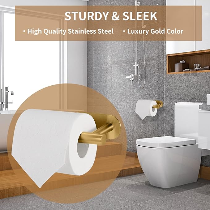 Toilet Paper Holder,Gold,Wall Mount, Upgraded Adhesive Toilet Roll Holder,no Drilling,Bathroom/Rv/Washroom,SUS 304 Stainless Steel,Rustproof (Gold, 1 Piece)-Ruum Studio Home
