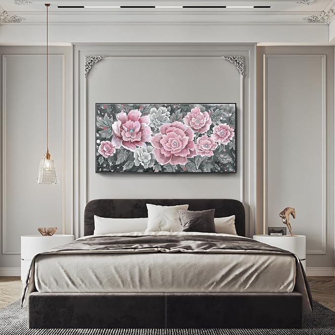 Oversized Framed Wall Art, Pink Flower Canvas Print Modern Pink & Grey Peony Blossom Artwork Extra Large Wall Picture Floral Decor for Living Room Bedroom Dining Room Office Home Decor-Ruum Studio Home