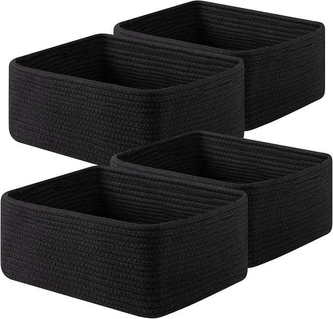 OIAHOMY 4 Pack 14.17*11.02*6.3IN Storage Baskets for Organizing Shelves, Woven Rope Baskets for Organizing Books, Clothes, Decorative Basket for Living Room, Nursery, Bedroom, Gift Basket, Black-Ruum Studio Home