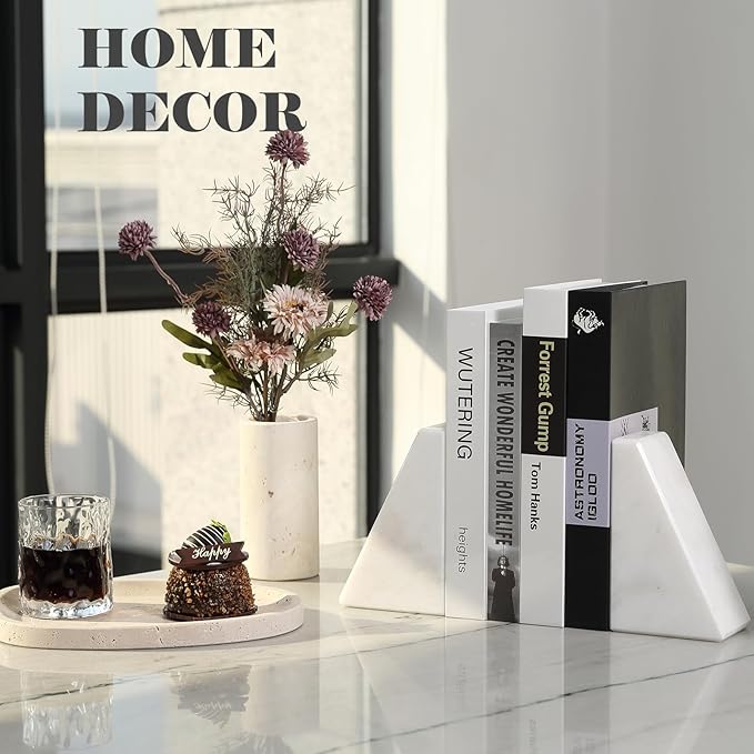 Marble Book Ends Decorative, Unique Bookends for Shelves, White Stone Bookends Holds Heavy Books, Weighted Book Holder Stopper for Home Office Desk Bookshelf Decoration, Set of 2-Ruum Studio Home