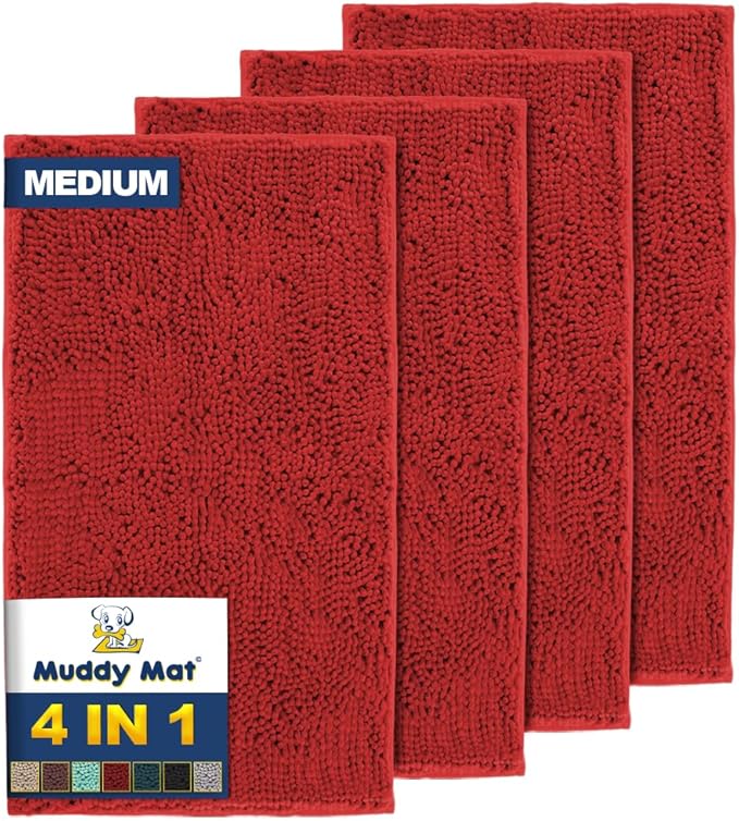 Muddy Mat® 4-Piece Red Medium 30"X19" AS-SEEN-ON-TV Highly Absorbent Microfiber Door Mat, Bath Mat and Pet Rug, Non Slip Thick Washable, Soft Chenille for Kitchen Bathroom Bedroom Indoor and Outdoor-Ruum Studio Home