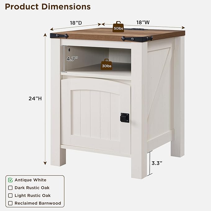 OKD Nightstand with Charging Station Set of 2, 18 Inchs Farmhouse End Table with Adjustable Storage Shelf, Rustic Wood Sofa Side Table for Bedroom-Ruum Studio Home