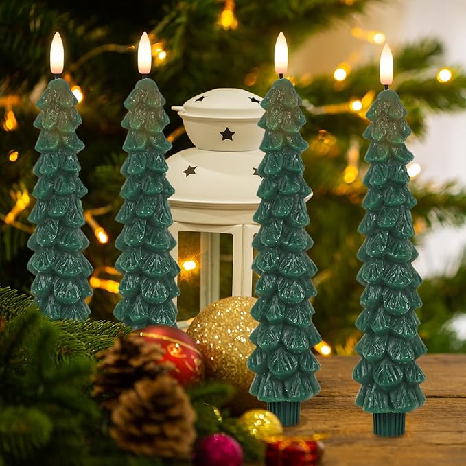 GenSwin Christmas Tree Flameless Taper Candles with Remote Timer, Christmas LED Taper Candles with 3D Flame, 4 Pcs Green LED Candlesticks for Christmas Home Decoration(0.78” x 9.8”)-Ruum Studio Home