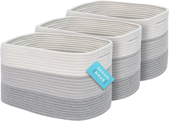 OrganiHaus Set of 3 Woven Storage Baskets for Organizing, Cotton Rope Organizer Bins for Shelves, Closet & Nursery, Dog Toy Basket, Decorative Bins for Toys, Towels & Books - 15x10x9, Grey-Ruum Studio Home