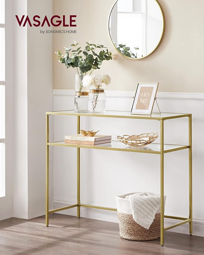 VASAGLE 39.4 Inch Console Sofa Table, Modern Entryway Table, Tempered Glass Table, Metal Frame, 2 Shelves, Adjustable Feet, for Living Room, Hallway, Gold Color ULGT025A01-Ruum Studio Home