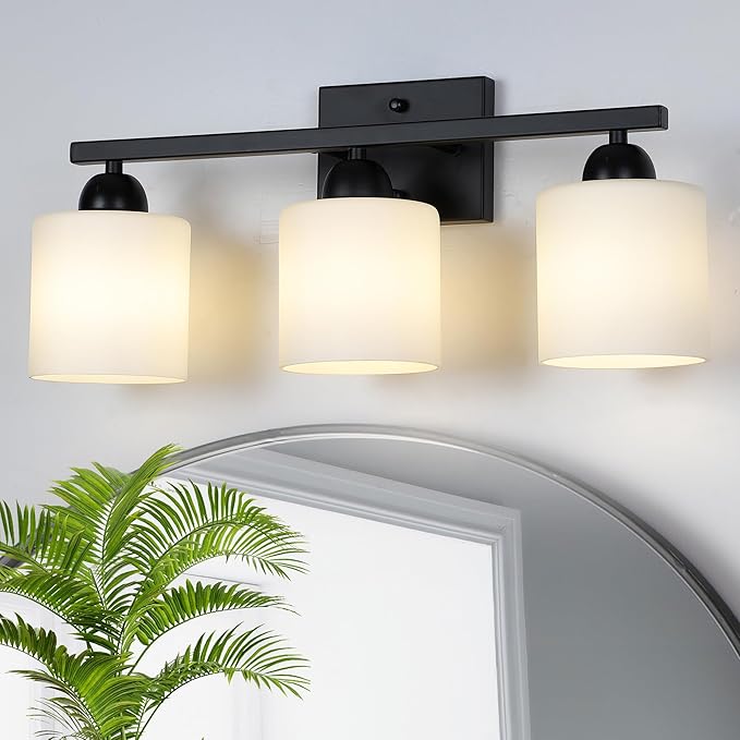 Milk Glass Vanity Lights for Bathroom, 3 Light Matte Black Bathroom Light Fixtures Over Mirror, Ceramic E26 Sockets Wall Mounted-Ruum Studio Home
