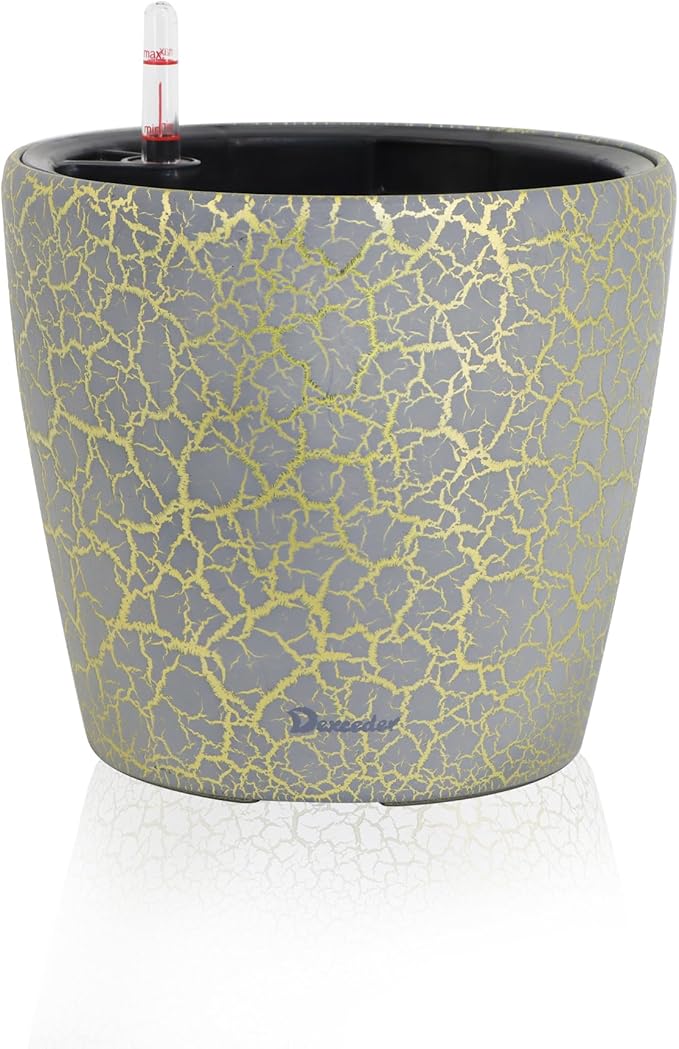 Dexceder 11x10 Inches Self Watering Planter Indoor Outdoor, Inner Pot Design, Thickened Table Flower Plant Pot with Water Level Indicator (Grey Gold Crackle)-Ruum Studio Home