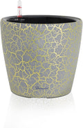 Dexceder 11x10 Inches Self Watering Planter Indoor Outdoor, Inner Pot Design, Thickened Table Flower Plant Pot with Water Level Indicator (Grey Gold Crackle)-Ruum Studio Home