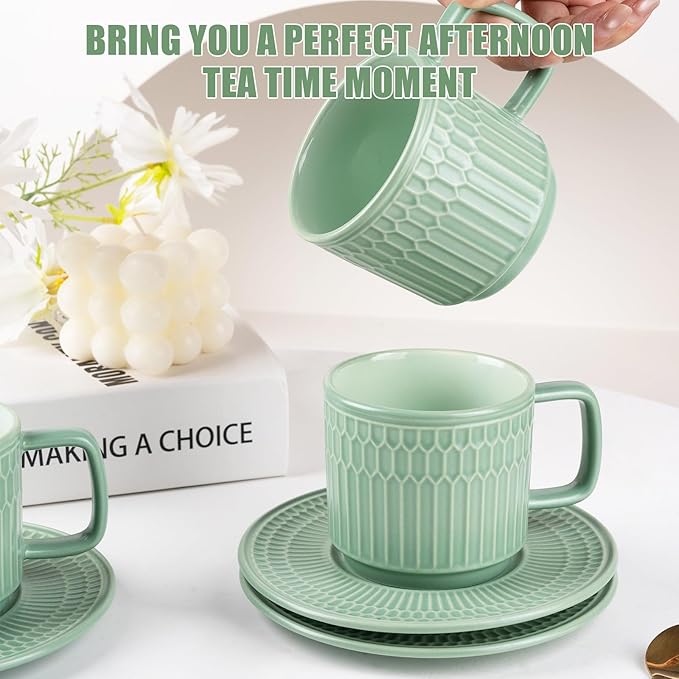Large Cappuccino Cups with Saucers Set of 4, 8 Ounce Stackable Embossed Ceramic Coffee Mugs for Specialty Coffee Drinks, Latte, Cafe Mocha and Tea, Dishwasher & Microwave Safe (Green)-Ruum Studio Home