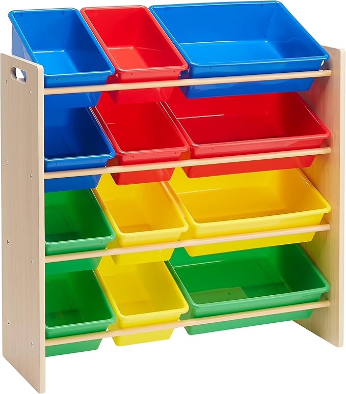 Amazon Basics Kids Toy Storage Organizer With 12 Plastic Bins, Natural Wood With Bright Bins, 10.9" D x 33.6" W x 31.1" H-Ruum Studio Home