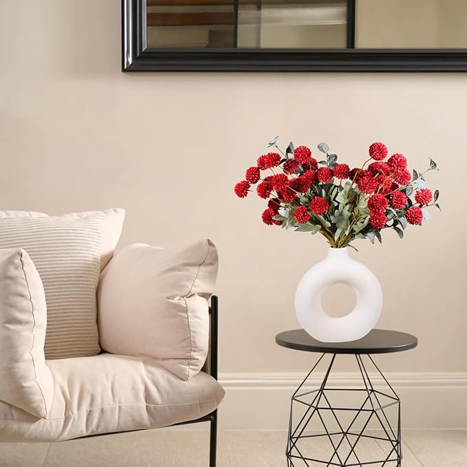 Burgundy Flowers, Maroon Artificial 10 Long Stems + Eucalyptus, Wine Colored Silk Flowers for Burgundy Decor, Fall Table Centerpieces, Dark Red Faux Mums, Thanksgiving Centerpieces For Tables-Ruum Studio Home