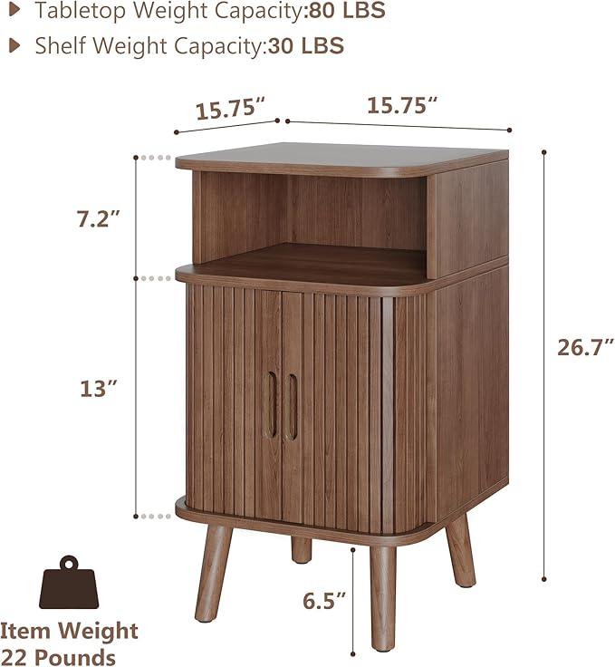 Alohappy Fluted End Table Set of 2, Mid Century Modern Nightstand with Sliding Tambour Door, Curved Round Edge Wood Bedside Table for Bedroom, Side Tables with Storage for Living Room, Walnut-Ruum Studio Home