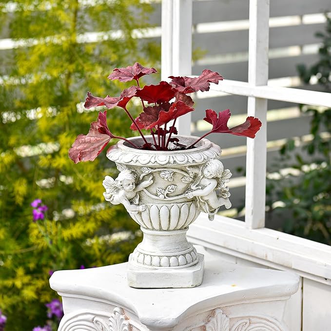 Sungmor Garden Cherub Urn Planter, Lovely Resin Angel Statue Flower Pots, Vintage European Style Planter, Rustic White Whimsy Fairy Decorative Plant Pot, Beautiful Pot for Indoor Outdoor Flowers-Ruum Studio Home