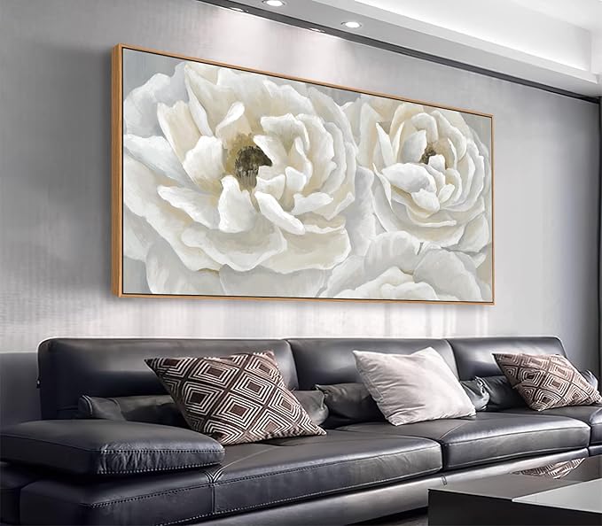arteWOODS Cream White Flowers Framed Wall Art - Soft Peony Pictures for Wall Decor Elegant Blossom Flower Painting Artwork Botanical Prints for Living Room Home Office Wall Decoration 24" x 48"-Ruum Studio Home