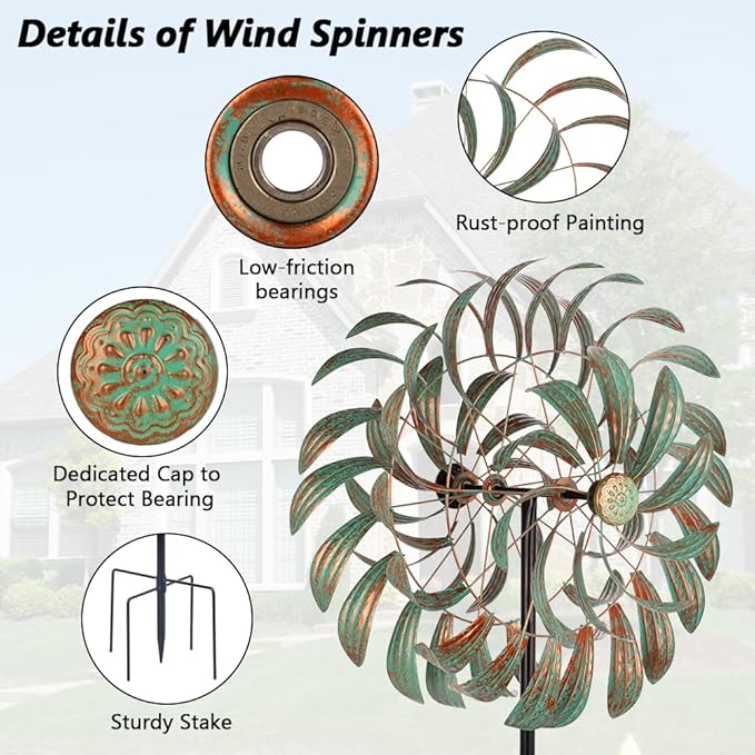 Viveta Large Outdoor Wind Spinner,21 * 85 inches Metal Wind Sculpture with 4 Sturdy Stakes,Green Double Wind Spinners,Decorative Windmill for Yard and Garden-Ruum Studio Home