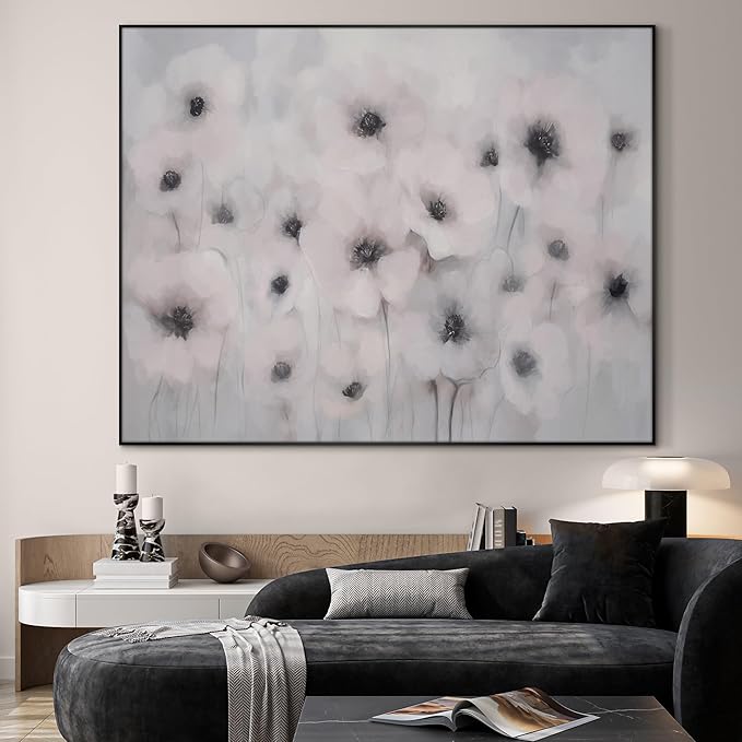 46"x60" Extra Large Framed Wall Art Soft White Poppies Watercolor Floral, Delicate Botanical for Home Living Room Bedroom Decor (Frame Assembly Required)-Ruum Studio Home