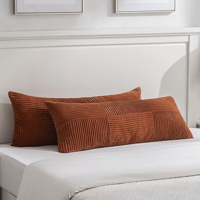 Fancy Homi Set of 2 Rust Boho Long Lumbar Body Decorative Throw Pillow Cover 14x36 Inch for Bed Couch Bedroom Bench, Soft Patchwork Corduroy Textured Pillow Case, Rustic Farmhouse Room Décor-Ruum Studio Home