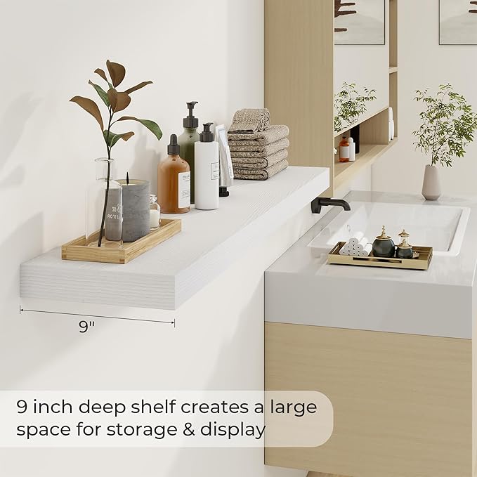 48 inch Floating Shelves for Wall Large Wall Mounted Shelves with Invisible Brackets, White Long Shelves for Bathroom, Living Room, Kitchen, Office, 48x9.1 inch deep Set of 2-Ruum Studio Home