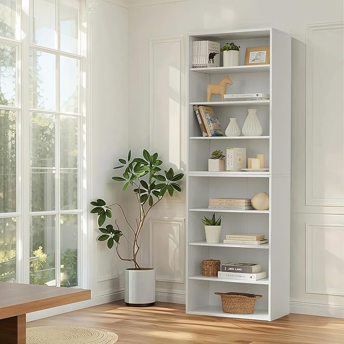 71 Inch Tall 8-Shelf Bookcase, Wood Bookshelf Storage Organizer Adjustable Shelf for Home Office Living Room, Converts into Two 4-Shelf Bookshelves, White-Ruum Studio Home