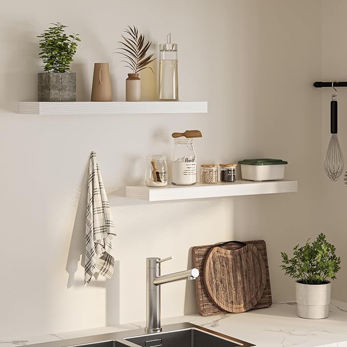Floating Shelves for Wall, 31.5" W x 6.7" D x 1.5" H, Wooden Wall Mounted Display Shelves with Invisible Brackets for Living Room, Bedroom, Bathroom, Kitchen Decor and Storage, Set of 2, White-Ruum Studio Home