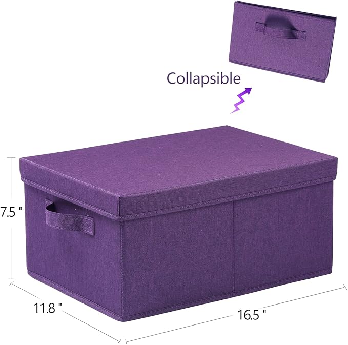 HOONEX Storage Bins with Lids for Organizing, Pack of 2, Storage Boxes with 2 Carry Handles and Sturdy Heavy Cardboard, 16.5" L x 11.8" W x 7.5" H for Shoes, Books, Clothes, Nursery, Dark Purple-Ruum Studio Home
