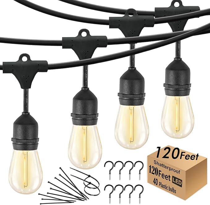 120 FT Outdoor String Lights LED Waterproof with 40 Shatterproof Plastic Warm Edison Bulbs String Bistro Lights for Patio Gazebo Pergola Market-Ruum Studio Home