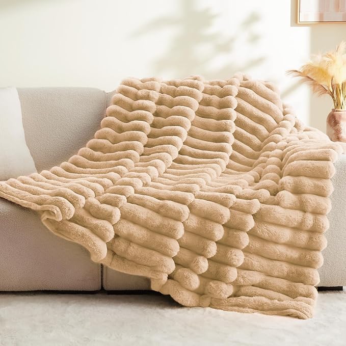 BEDELITE Faux Fur Throw Blanket for Couch, Soft and Cozy Luxurious 3D Striped Fluffy Blanket, 770GSM Thick Warm Plush Fuzzy Faux Rabbit Fur Blanket for Women Gift (Brown, 60"x 80")-Ruum Studio Home