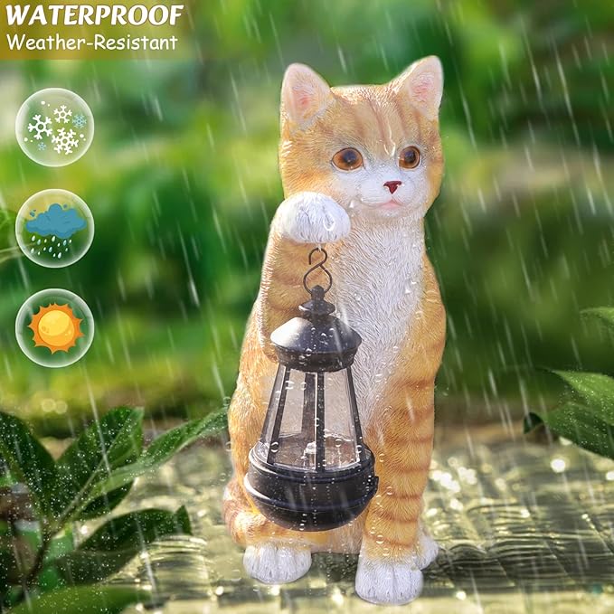Solar Powered Outdoor Cat Garden Statue, Crafted Garden Sculptures & Statues for Patio, Yard, Lawn, Gardening Gifts for Women and Mom(11" Cat)-Ruum Studio Home