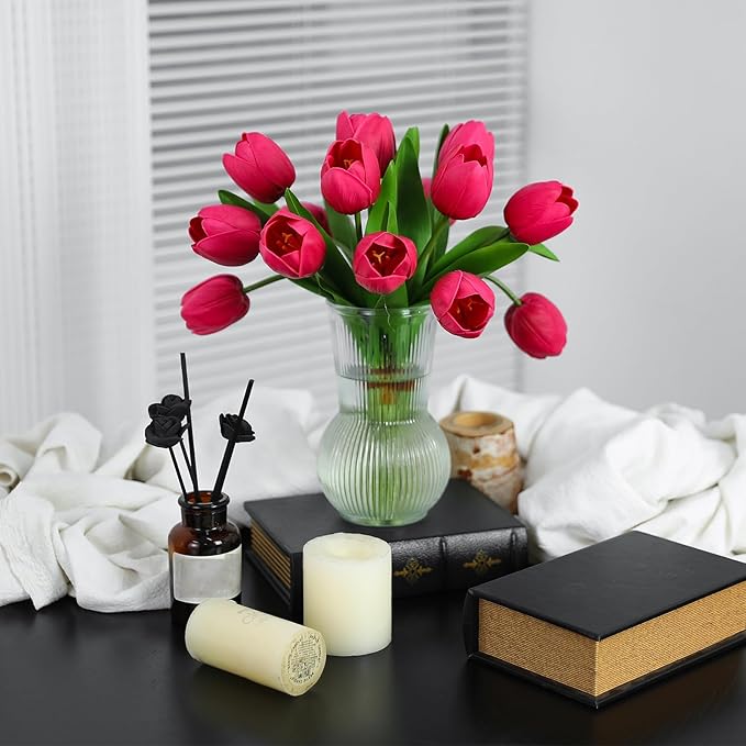 Rose Red Artificial Tulips, 2 Bundles 14Pcs, Fake Tulips Artificial Flowers, 2 x 2.4 Inch Large Flower Head Big Tulip, Easter Valentine's Day Mother's Day Home Decoration Flowers-Ruum Studio Home