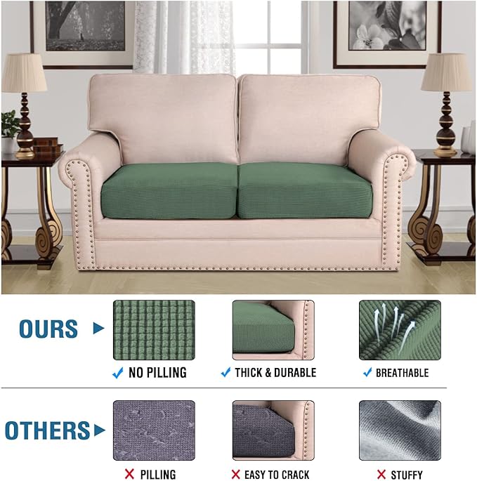 H.VERSAILTEX Super Stretch Individual Seat Cushion Covers Sofa Covers Couch Cushion Covers Slipcover Sets Thick Jacquard Textured Twill Fabric (2 Piece Medium Sofa Cushion Covers, Loden Frost)-Ruum Studio Home