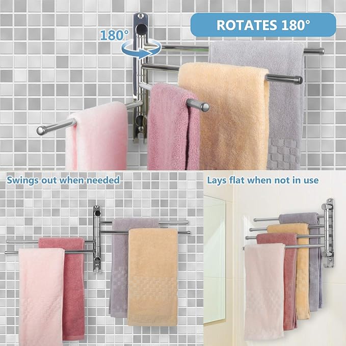 Bathroom Towel Rack JSVER 4 Arms Swivel Towel Holder, Towel Bar Wall Mounted, SUS304 Stainless Steel Space Saving Towel Rack, Towel Racks for Bathroom, Kitchen-Ruum Studio Home