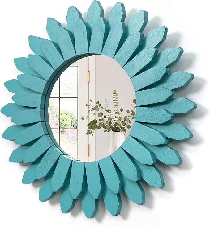 Honiway Beach Wall Decor Mirror 12 inch Wood Coastal Wall Decor Sunburst Boho Home Decor Room Decor for Bedroom Living Room Bathroom Cyan-Ruum Studio Home