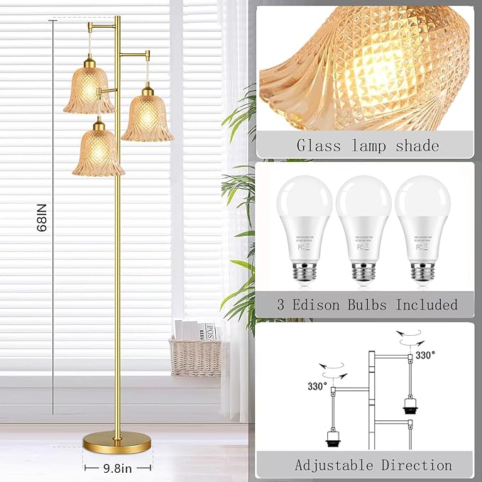 Gold Floor Lamp for Living Room,Bedroom,Tree 3 Light Standing Lamp Mid Century Modern Brass Tall Floor Lamps Vintage Retro Floor Lights Glass Green Flower Lamp Shade Farmhouse Boho Bohemian-Ruum Studio Home