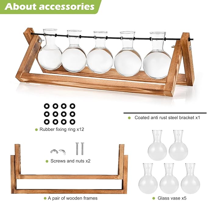 Retro Wood Stand Plant Terrarium with 5 Air Planter Bulb Glass Vases, Perfect for Home, Office, or Wedding Decor. Great Desktop Propagation Station and Plant Lover Gift for Women (5 Bulb Vase)-Ruum Studio Home