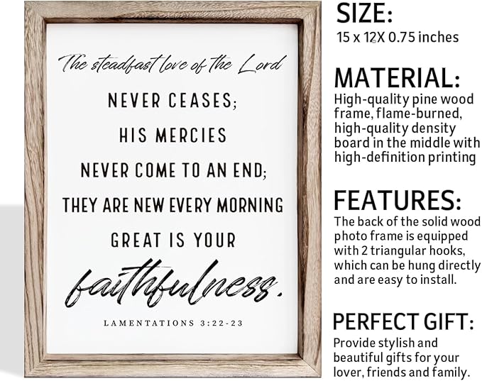 Christian Wooden Wall Signs, Living Room Decor, Home Church Decor for Room, Framed Wall Plaque Sign 15 * 11.5 inches, The Steadfast Love of the Lord Never Ceases Sign-Ruum Studio Home