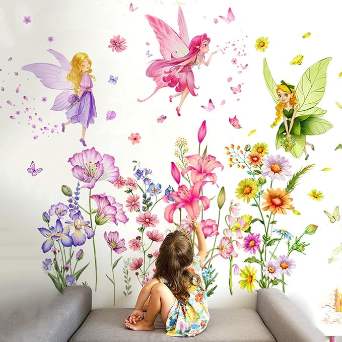 Set of 3 Sheets Size 40x12 Inch Spring Summer Window Cling Sticker Angels, Flowers, and Butterfly Window Stickers, Spring and Summer Decor, Wall, Window Glass Display Stickers (Fairy Theme)-Ruum Studio Home