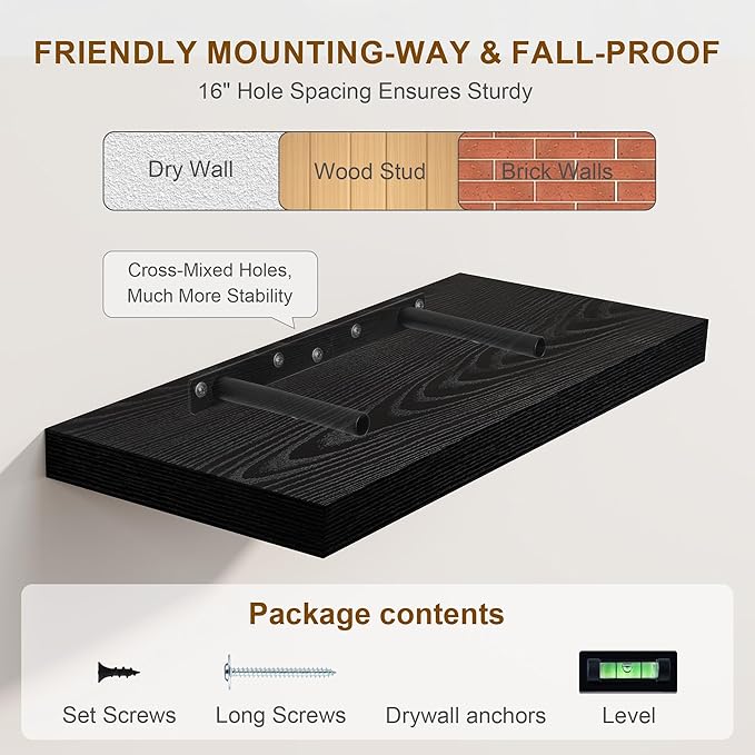 Black Floating Shelves 48 Inch Long, 8 Deep Floating Shelves for Wall, Rustic 48" Long Fireplace Mantel, Large 48 x 8 Wall Shelves for Bedroom, Living Room, Bathroom, Black Deep Shelves Set of 1-Ruum Studio Home