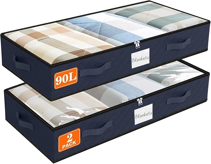 SpaceWhisper 90L Under Bed Storage Containers, 2-Pack Storage Bins with Clear Top, Foldable Closet Organizers and Storage with Label Holder for Clothing, Blankets, Comforter & Pillows(Blue)-Ruum Studio Home