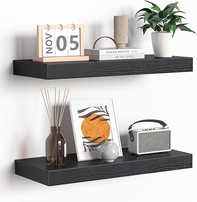 Fun Memories Floating Shelves - 16 Inch Rustic Black Wall Shelf - Wall Mounted Shelves for Wall Decor Storage - Wooden Shelves with Invisible Brackets for Living Room, Bedroom, Kitchen, 2 Pack-Ruum Studio Home