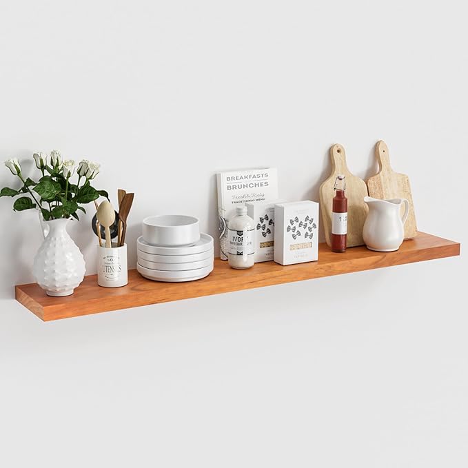 Light Brown Wooden Floating Wall Shelves 48 Inches Long x 8”x 1.4” Shelf Floating Rustic Farmhouse Decor, Heavy Duty Shelf Hold 100 lbs, Wall Shelves for Bathroom Living Room Kitchen Bedroom Office-Ruum Studio Home