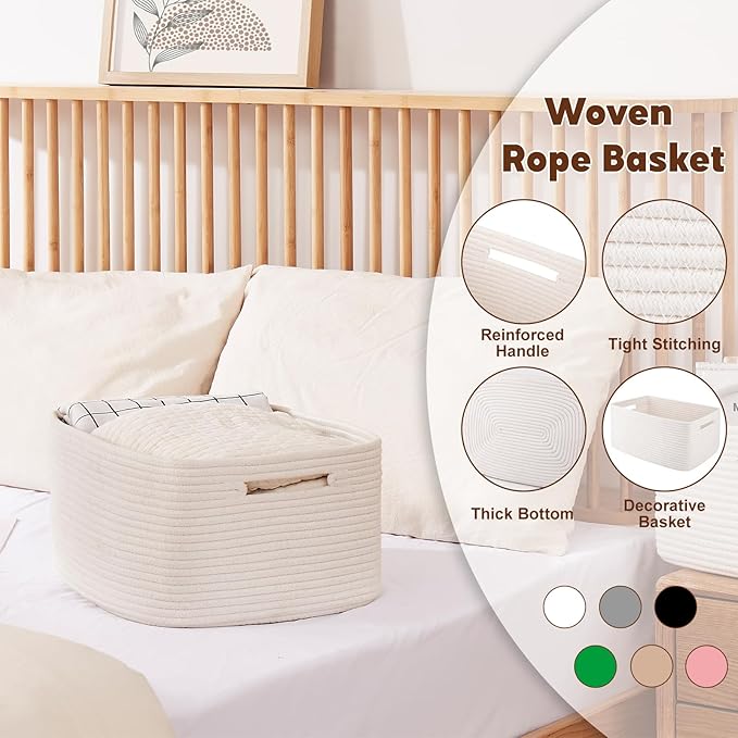 OIAHOMY Storage Basket for Shelves, Closet Cube Storage Bins Baskets for Clothes Blanket Towels, Baby Nursery, Toy Baskets Box, Woven Rope Basket, 17.72*12.99*7.87 IN, 2 Packs White-Ruum Studio Home