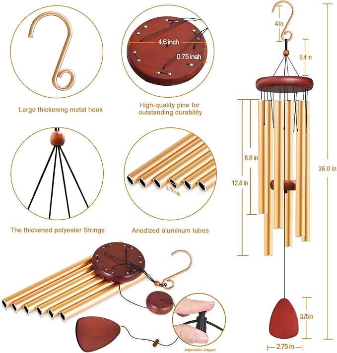 Large Aluminium Wind Chimes Outside, Soothing Melodic Memorial Sympathy Wind Chime, Suitable Outdoor Garden Decor, Gift for Mom Women Neighbors (Gold Wind Chimes-36)-Ruum Studio Home