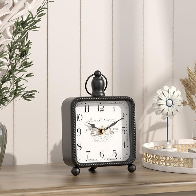 Vintage Black Table Clock on Stand, Desk and Shelf Decor Clock, French Rustic Style Non-Ticking Mantel Clocks for Farmhouse, Living Room, Bedroom, Bedside, Gift (8.5" H x 5.5" W)-Ruum Studio Home